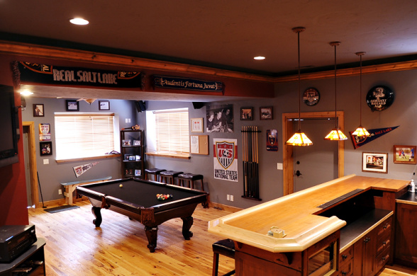 Basement room ideas - game room and bar.